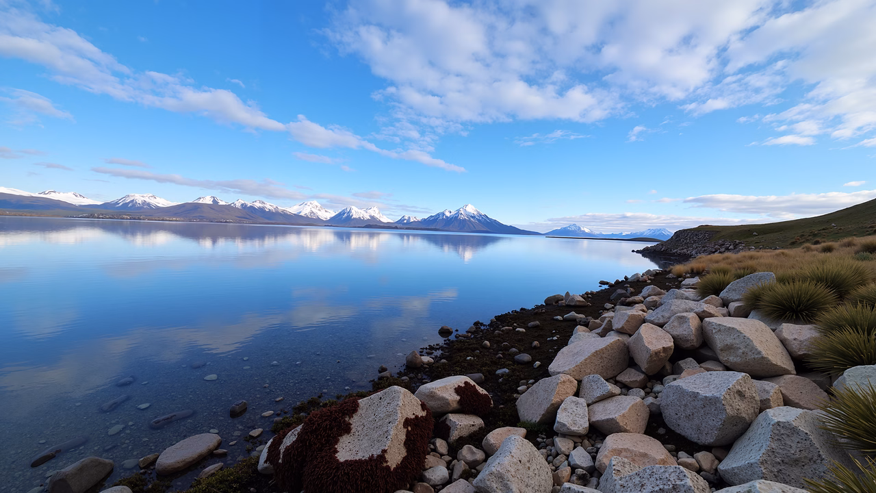 Calm lake reflecting snowy mountains under a clear blue sky.