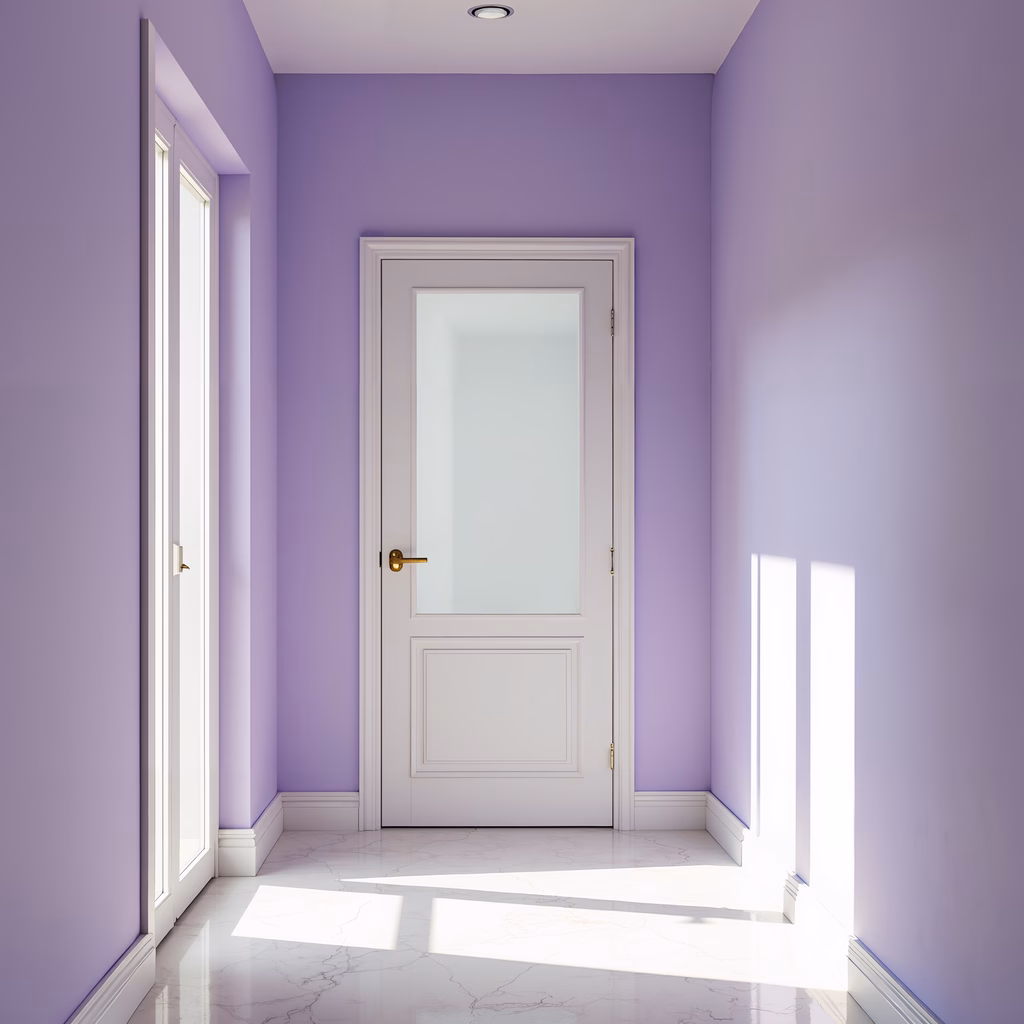 Minimalist lavender hallway with natural light and elegant door, serene and sophisticated.