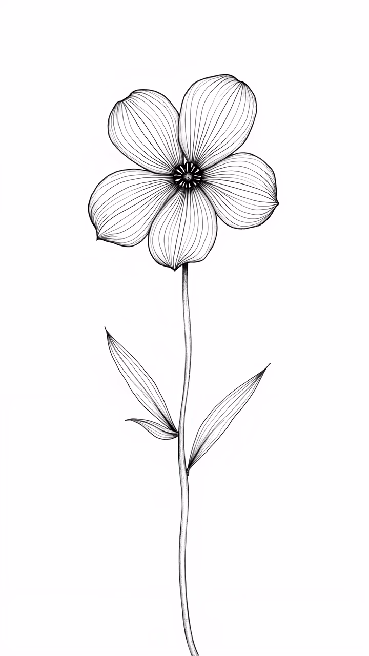 Minimalist black-and-white illustration of a delicate flower with intricate petal patterns.