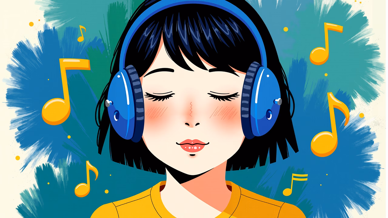 A person enjoying music through headphones, surrounded by golden musical notes on a colorful background.