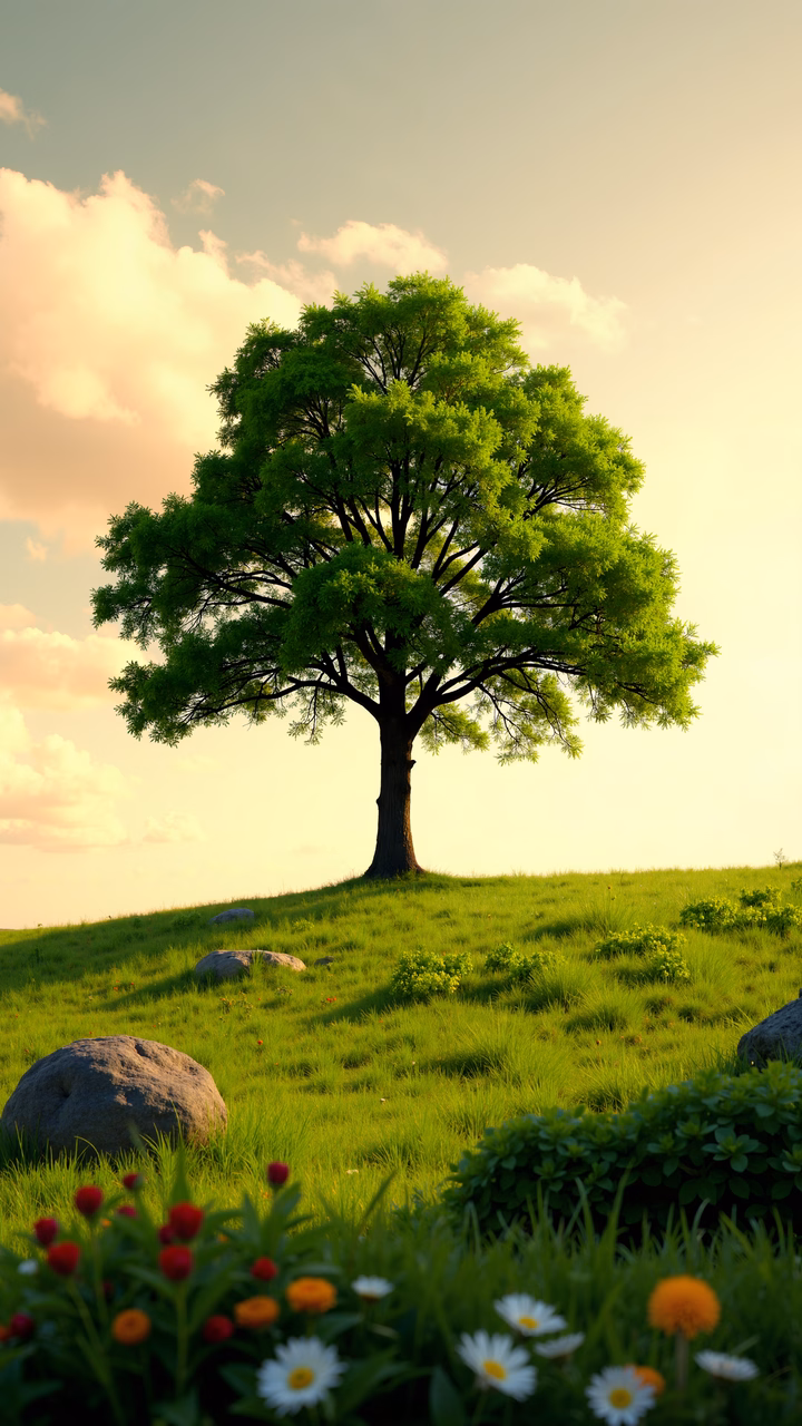 A lone tree on a grassy hill under a soft, pastel sky, evoking tranquility and nature's beauty.