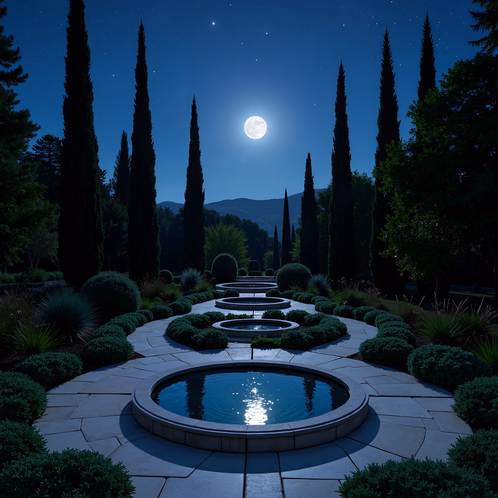 A moonlit garden scene with a reflective pool and neatly trimmed hedges under a starry sky.