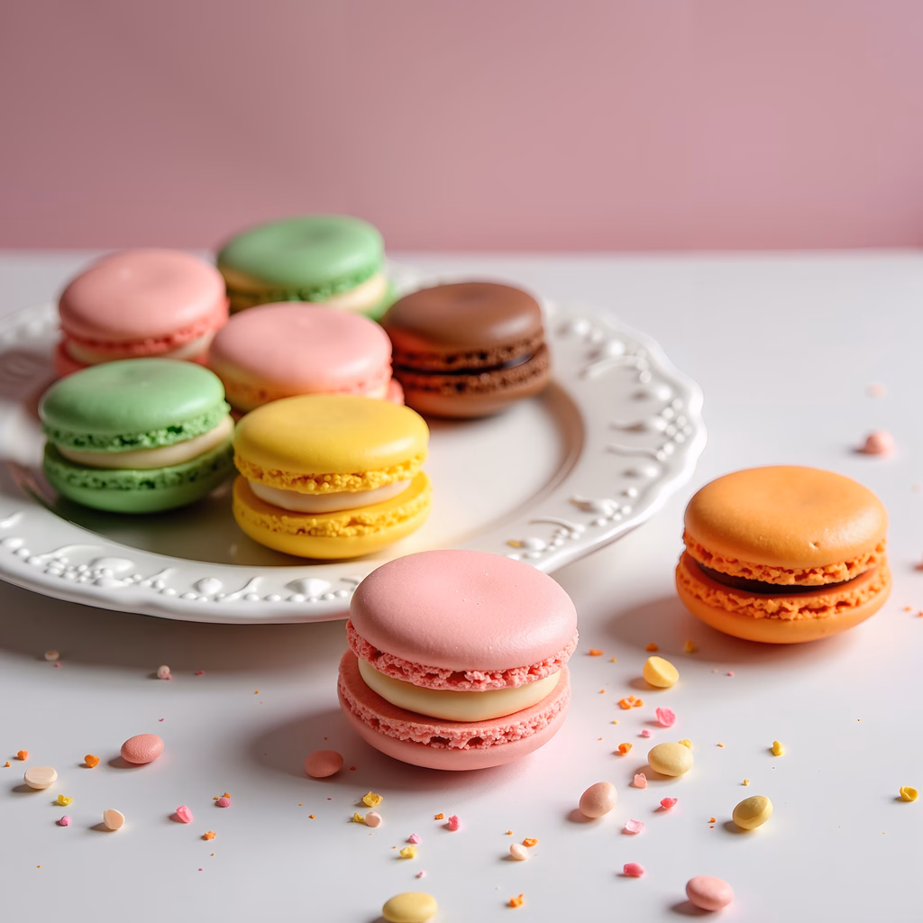 Delicate macarons in pastel hues on an ornate plate, perfect for food photography enthusiasts.