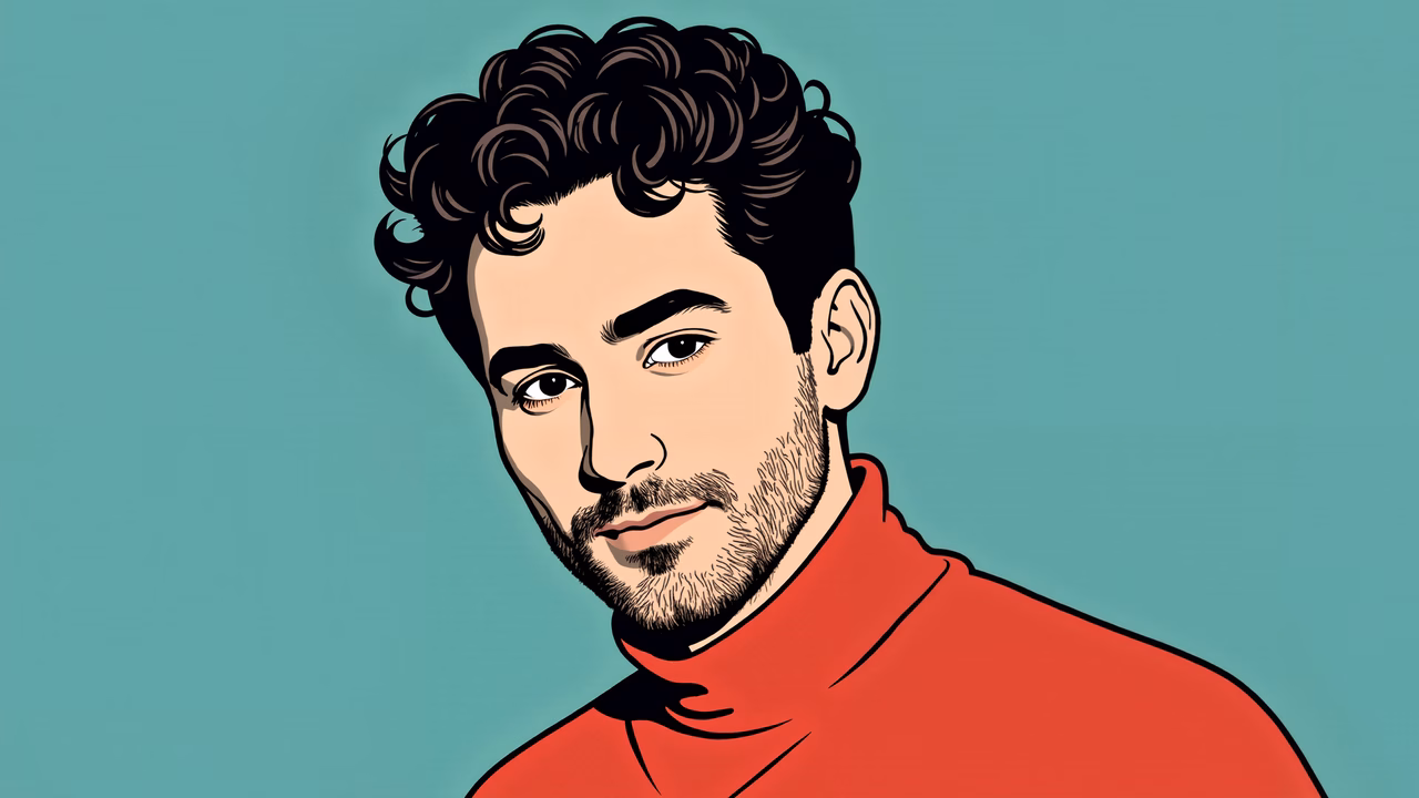 Modern portrait of a man in a red sweater against a teal background.