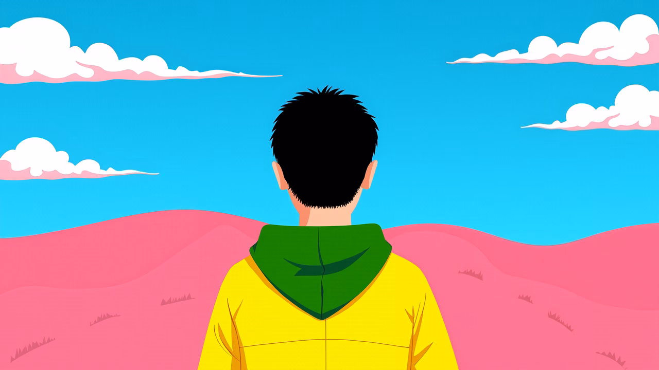 Minimalist illustration of a person in a yellow hoodie against a blue sky with pink hills.