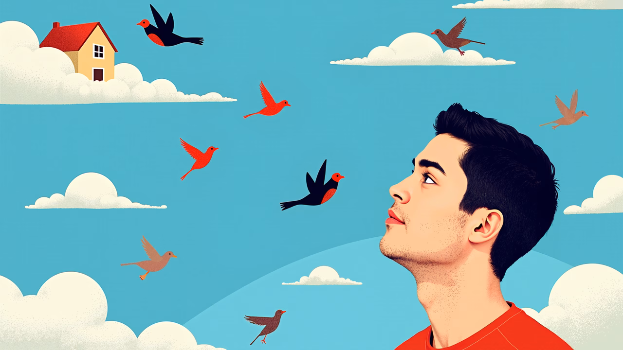 A man observing a flock of colorful birds in a tranquil sky setting.