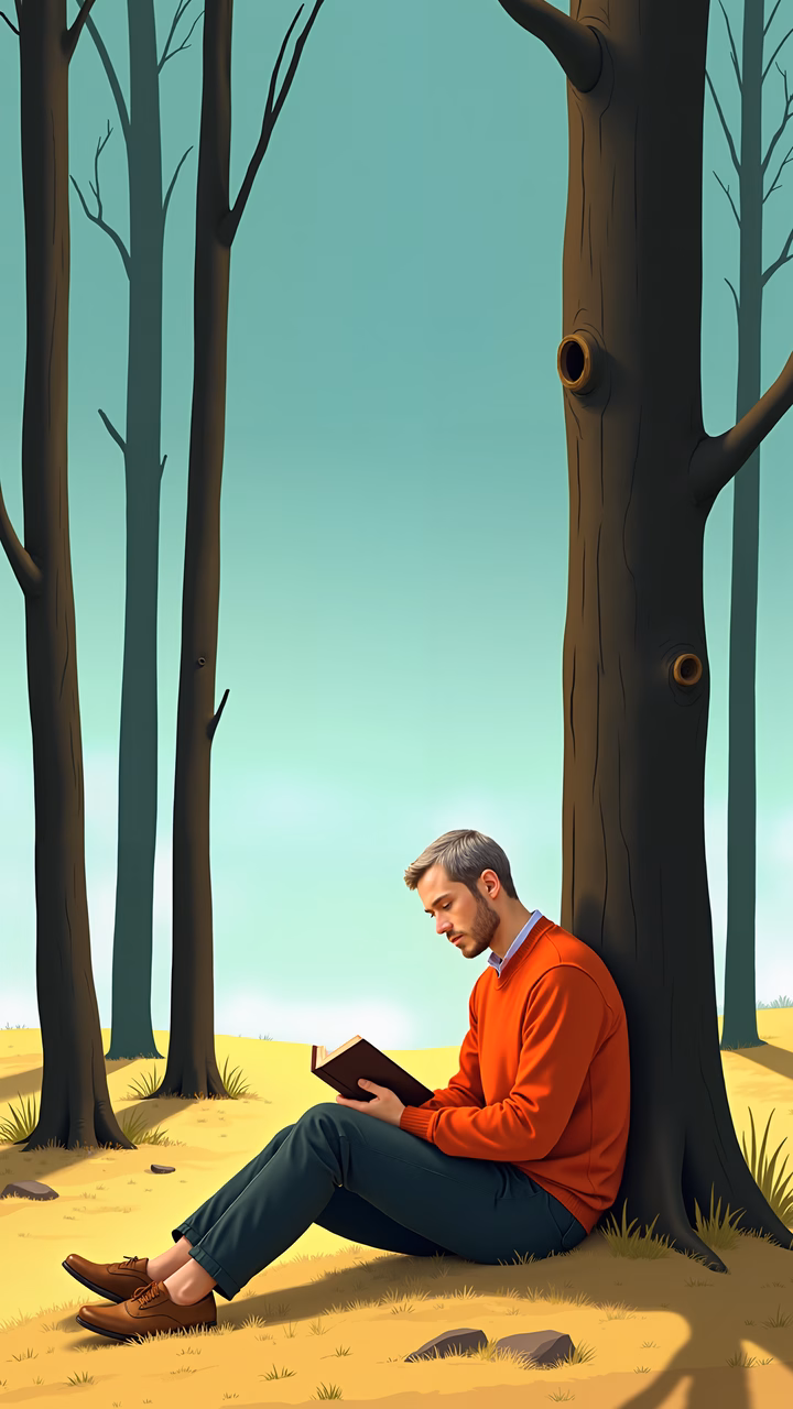 A man reading in a peaceful forest setting, surrounded by tall trees and a soft sky.