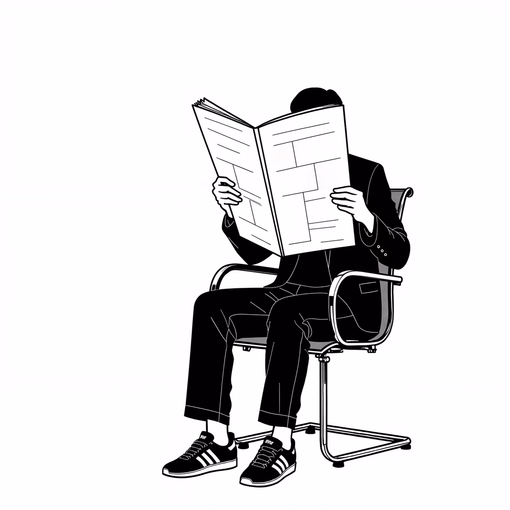 A man reading a newspaper in a minimalist illustration.
