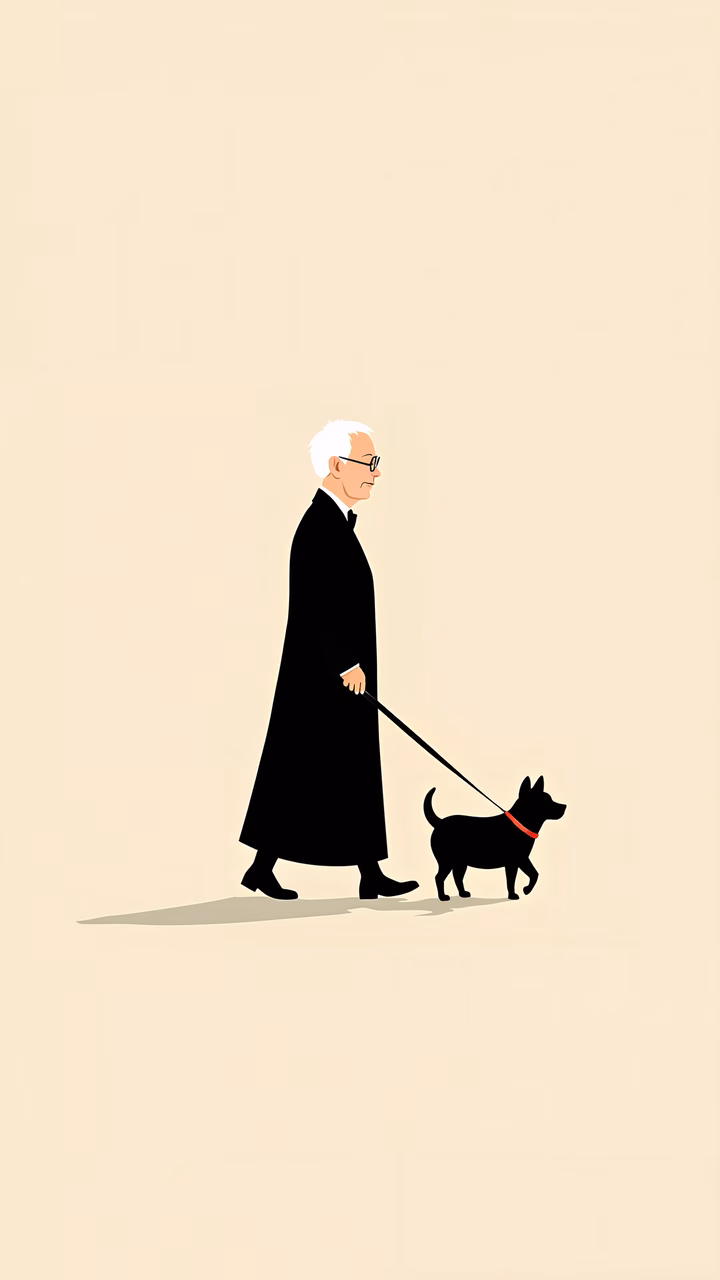 A serene moment captured in a minimalist illustration of a man walking his dog.