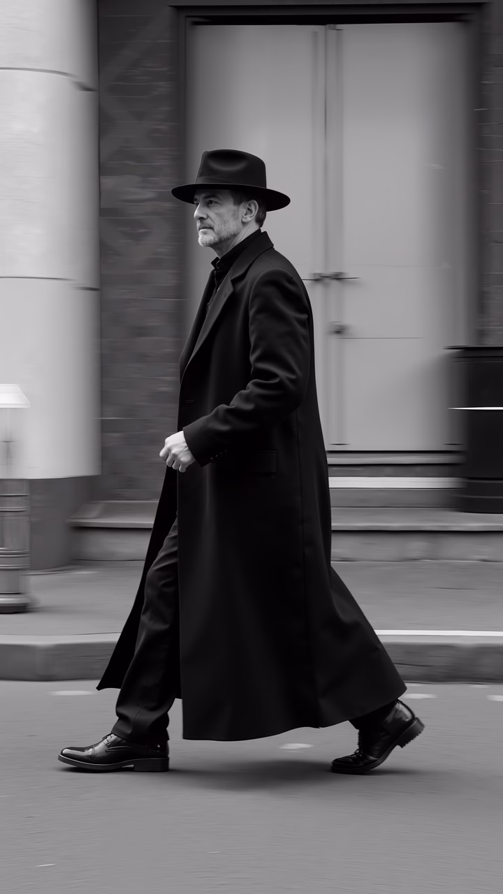 Black-and-white street portrait of a man walking confidently in a cityscape.