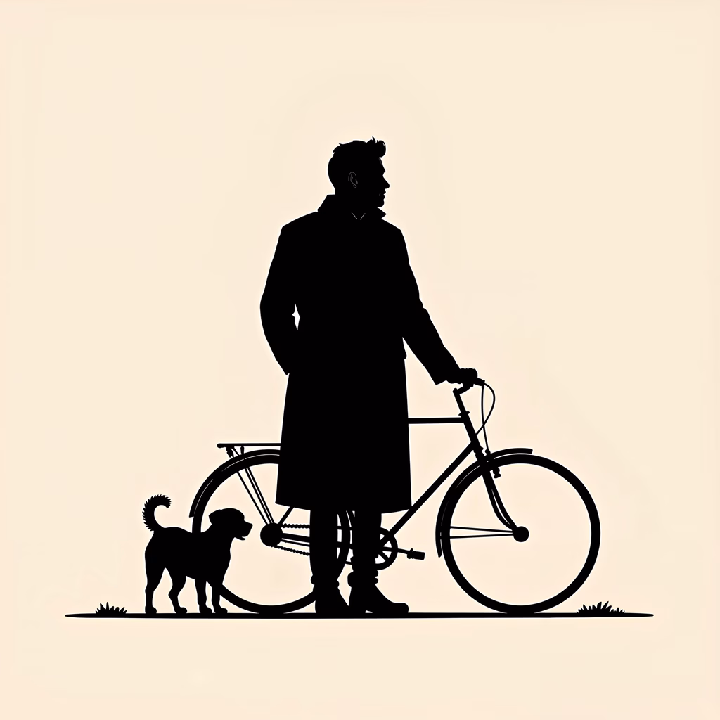 Minimalist silhouette of a man with a bicycle and dog, urban life theme.