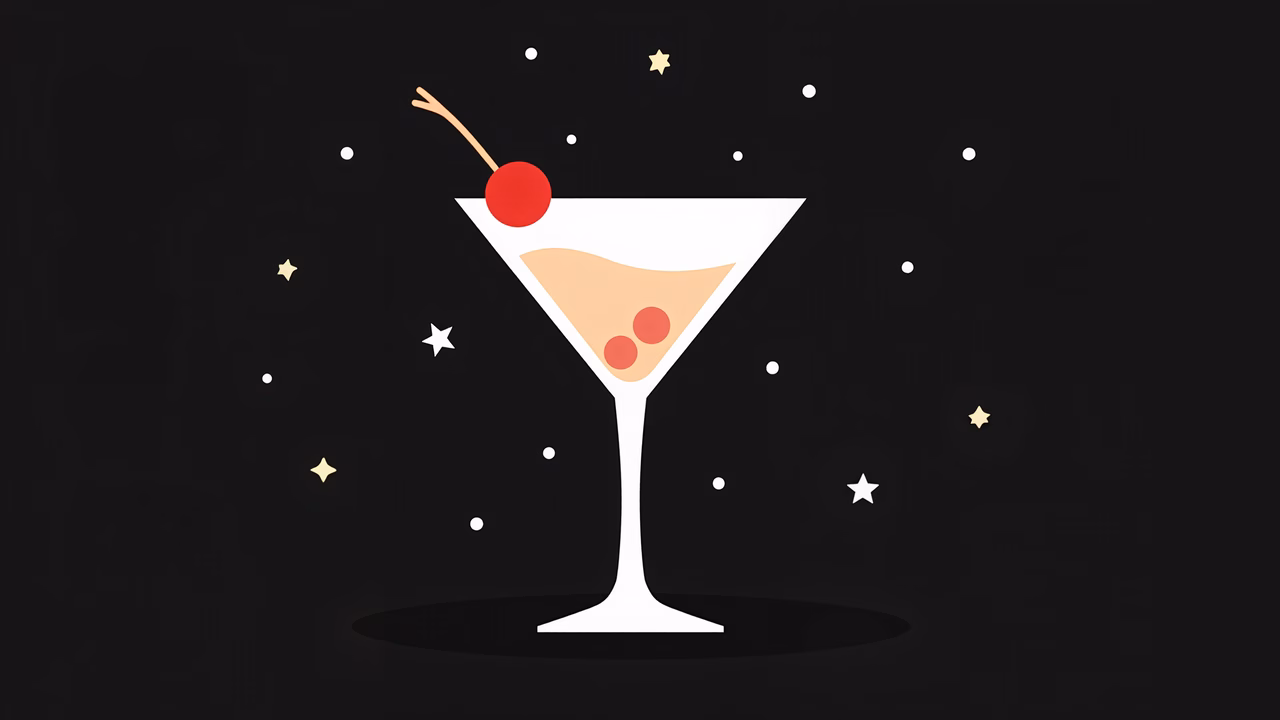 Elegant martini cocktail illustration with cherry garnish and starry background.