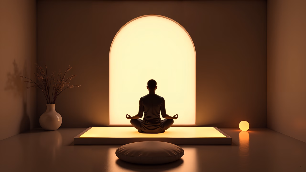A meditative scene with golden light and a serene atmosphere.