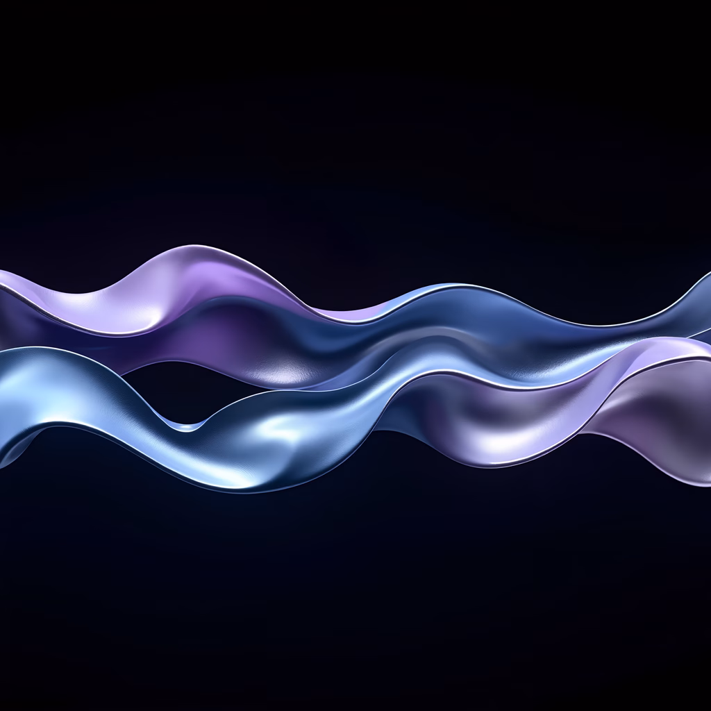 Glossy metallic waves in shades of blue and purple on a black background.