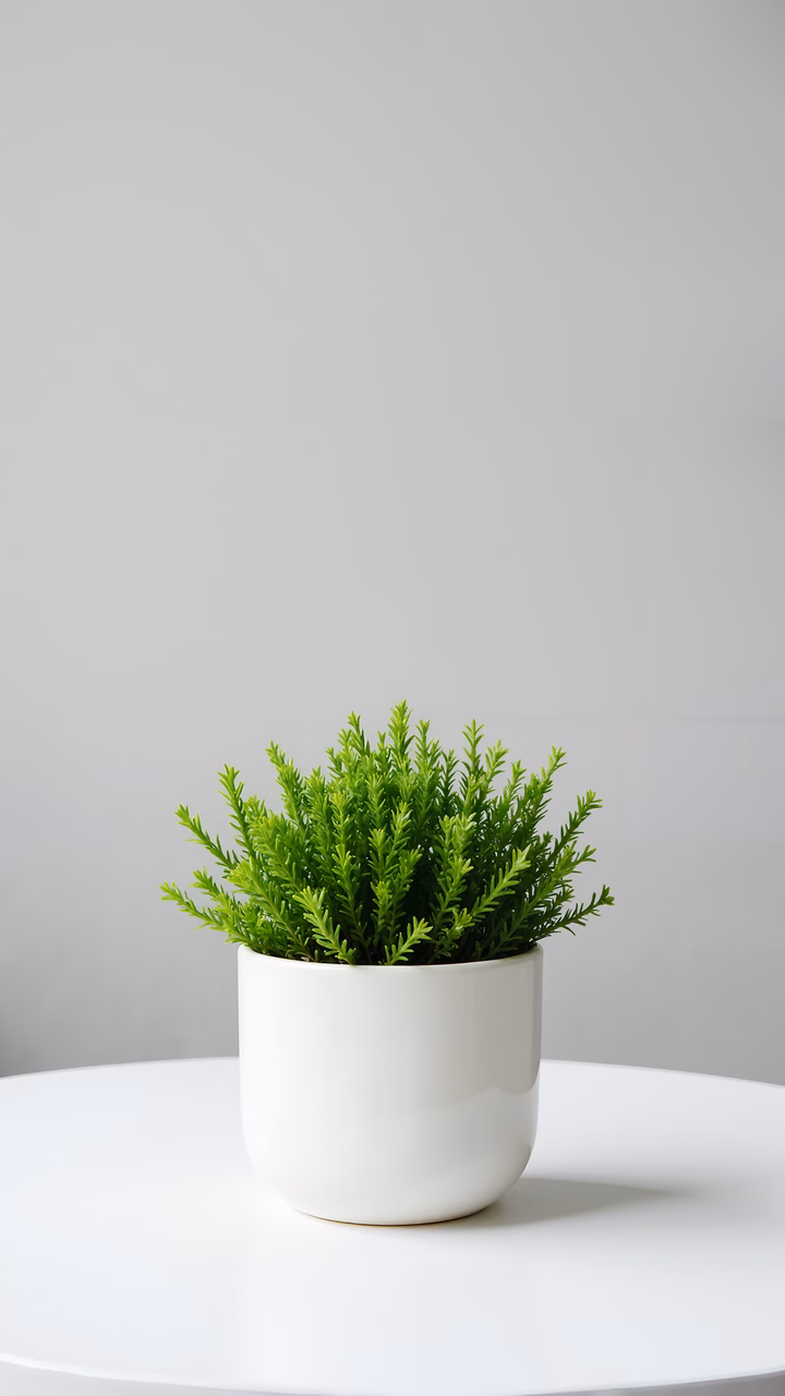 Minimalist green plant in white pot, serene interior design.