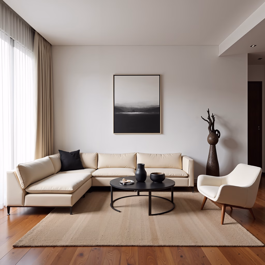 Modern minimalism in a cozy living room with neutral tones and coastal artwork.