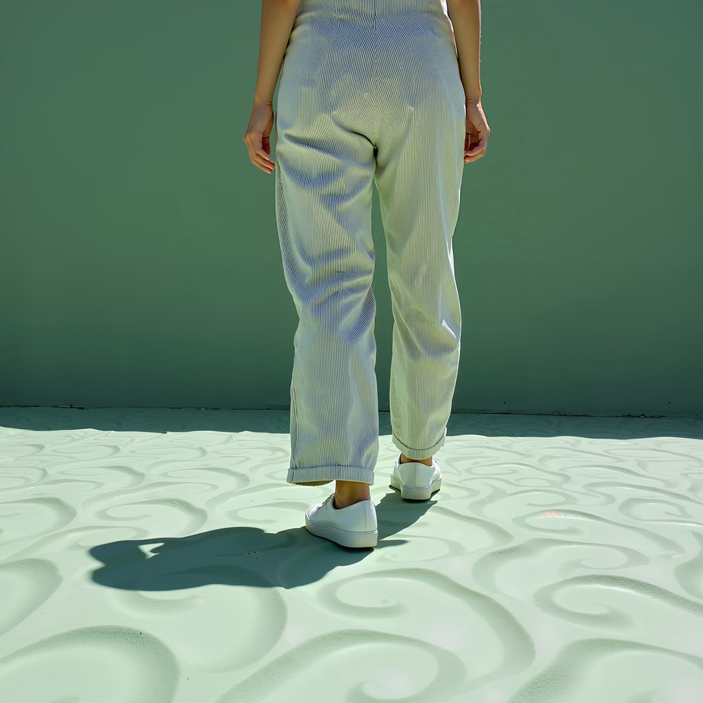 Minimalist back view of corduroy pants against a green backdrop.