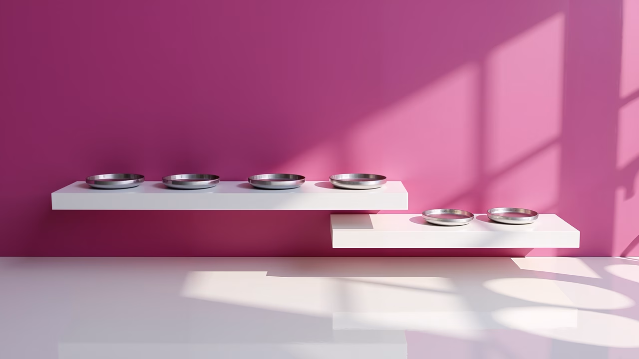 Modern minimalist interior design with pink walls and white shelves.