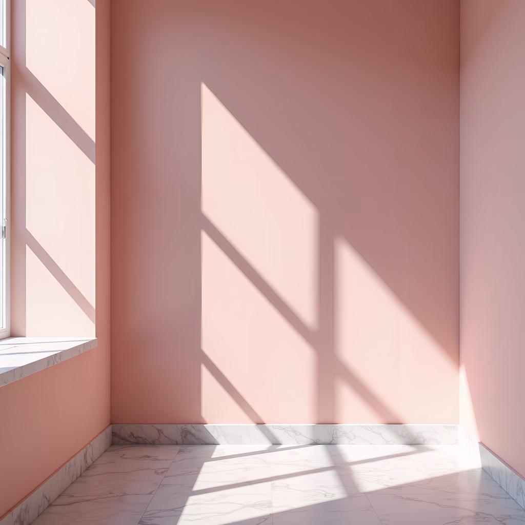 Soft pink minimalism with geometric shadows and elegant marble patterns.