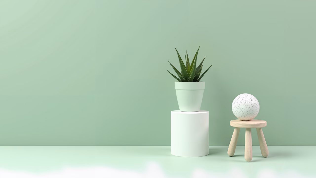 A minimalist arrangement of a succulent and a spherical object on a green background.