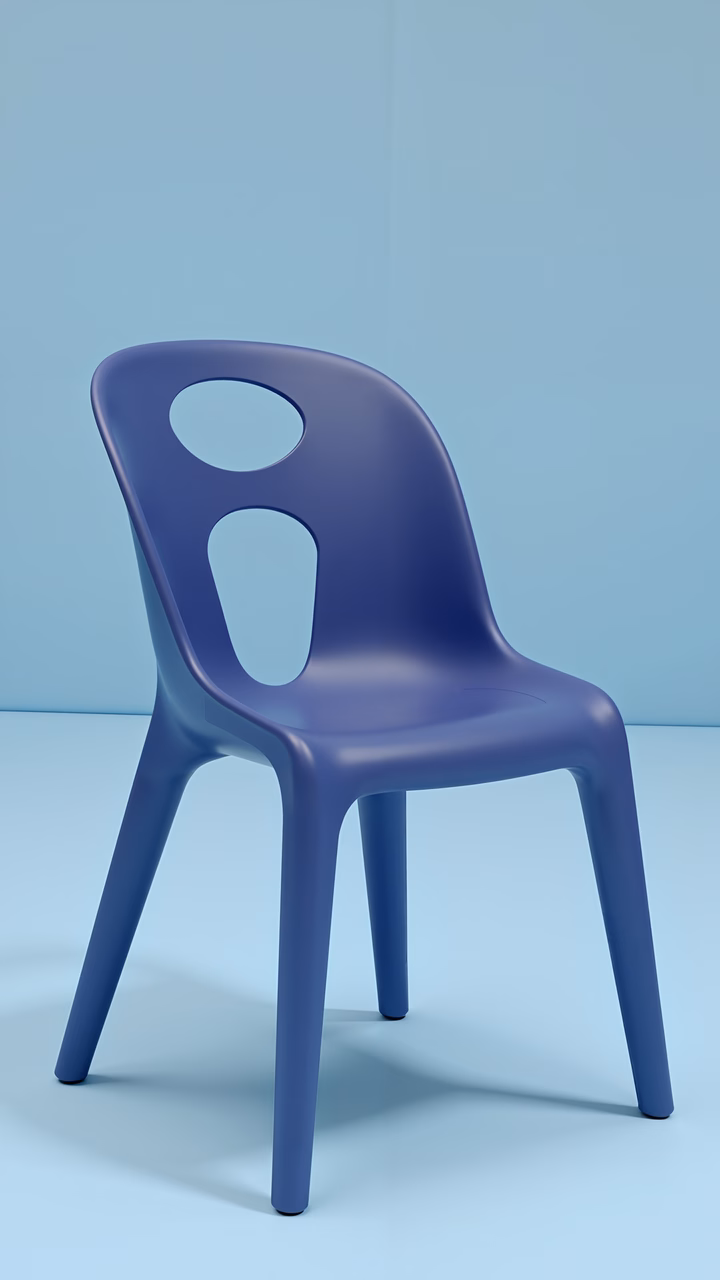 Minimalistic purple plastic chair on a pale blue background.
