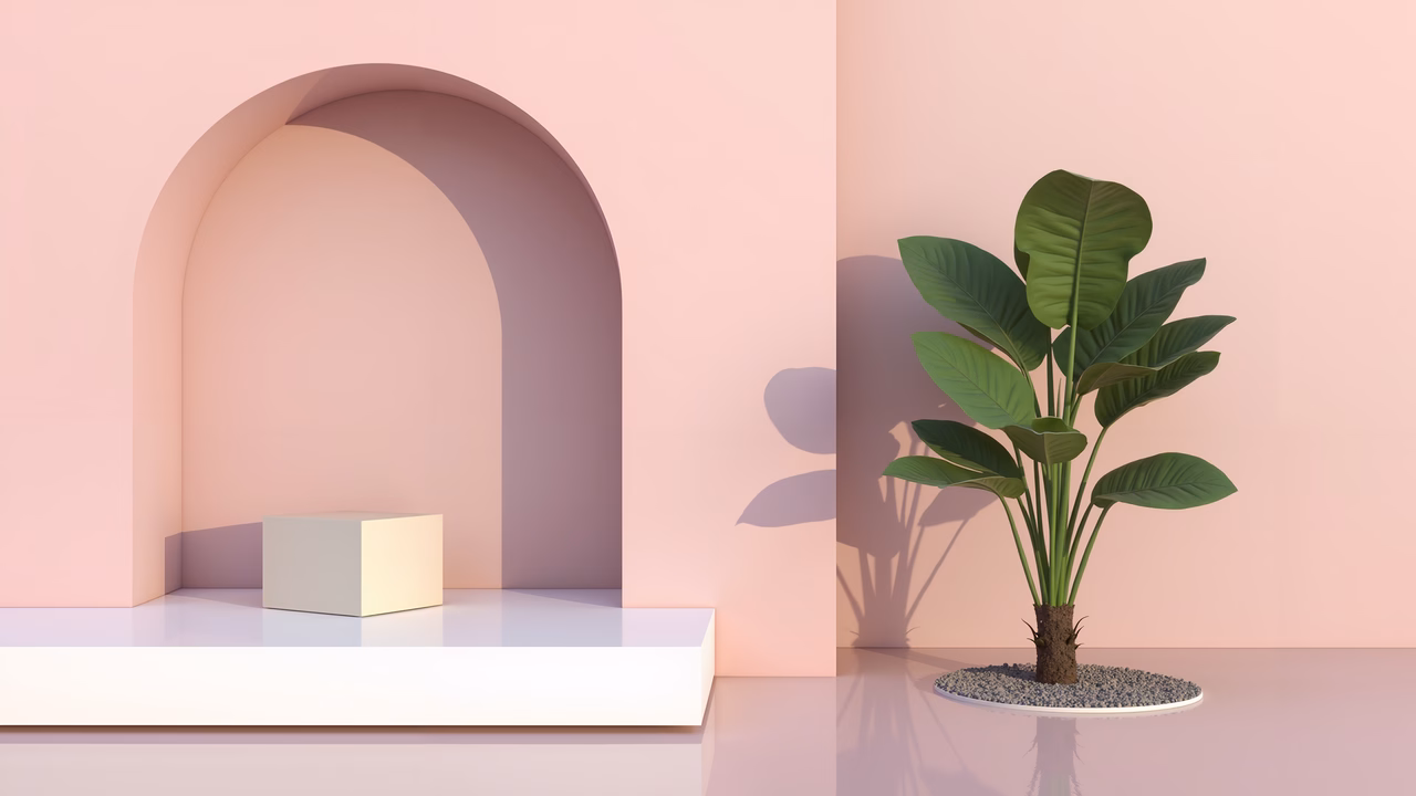 Minimalist podium with a green plant casting a shadow in a serene indoor setting.