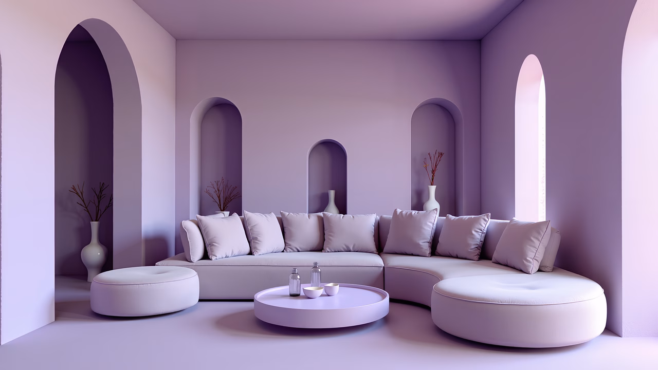 A minimalist purple living room with a circular white sofa and arched windows, exuding tranquility and elegance.