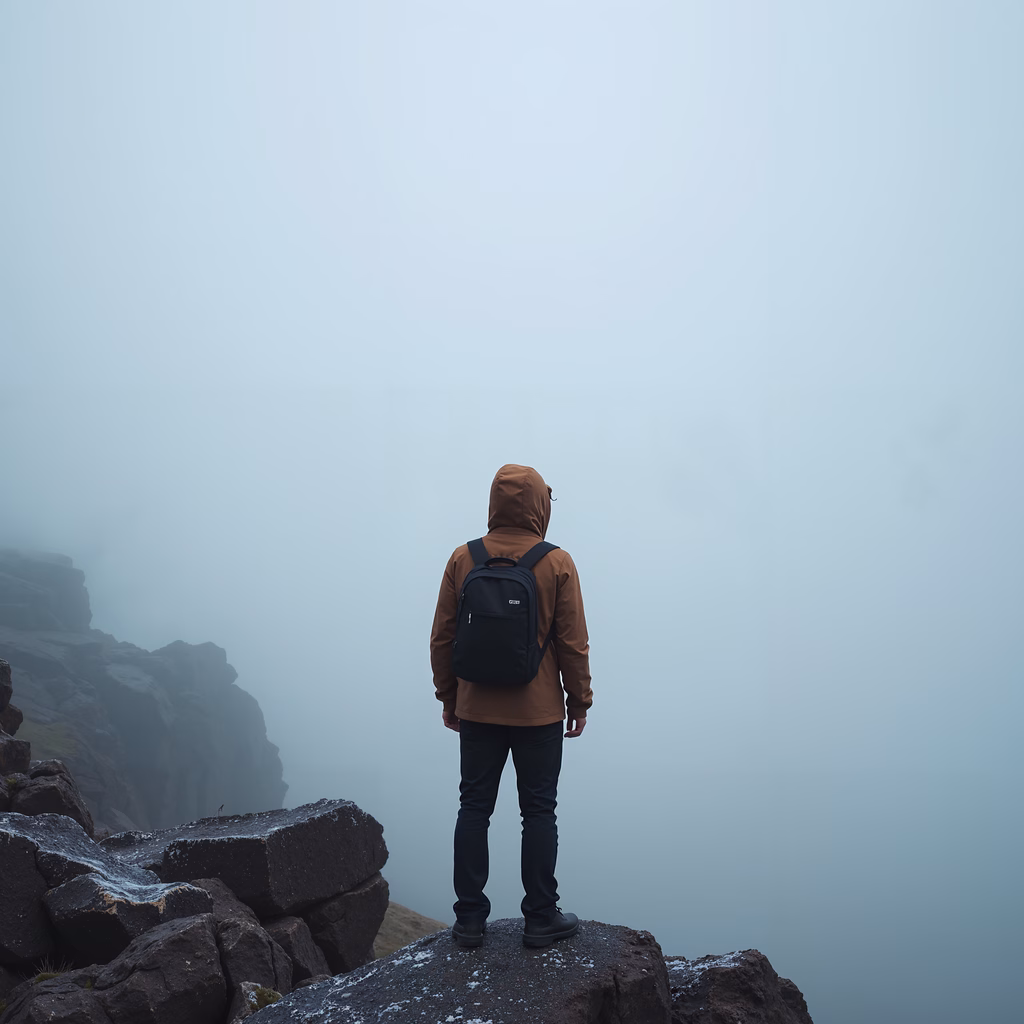 Solitary figure amidst misty landscape, evoking solitude and introspection.