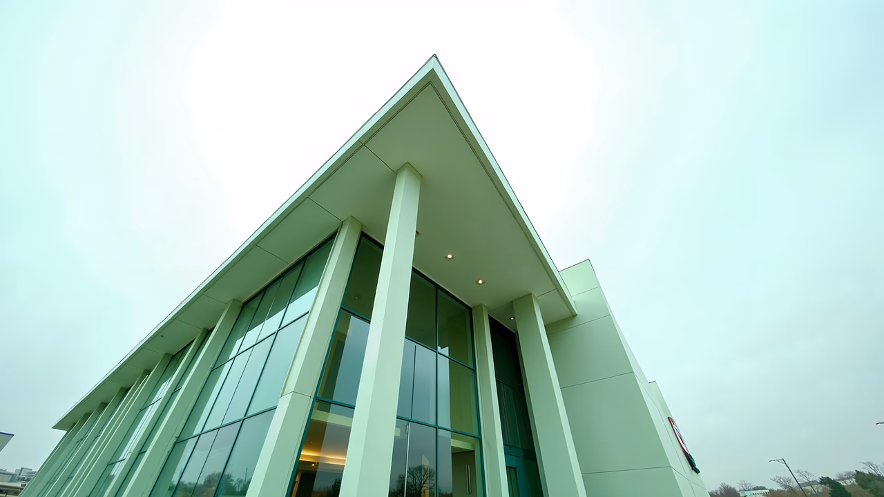 Sleek modern architecture under an overcast sky.
