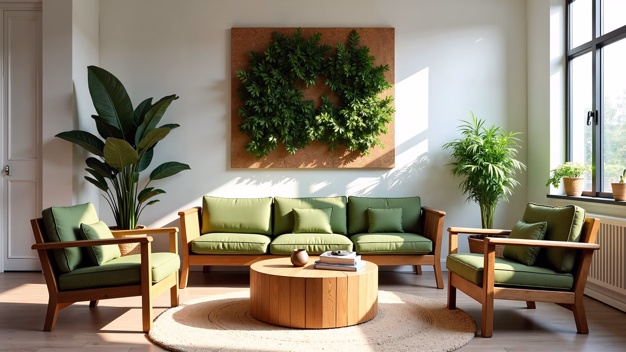 Modern green living room with wooden furniture and natural light.