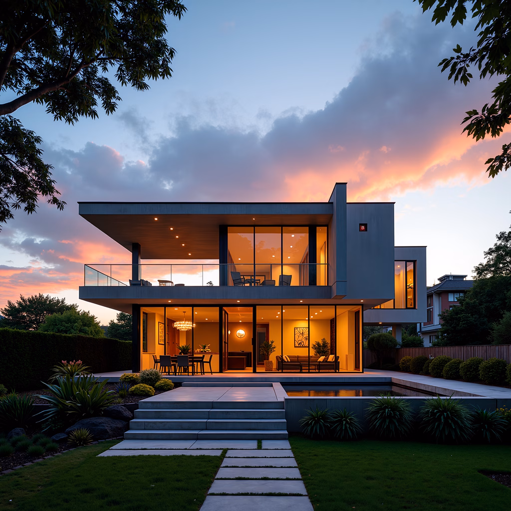 Modern architecture meets serene sunset in a luxurious home.