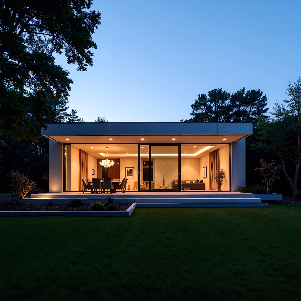 Modern house illuminated at dusk, blending luxury with nature.
