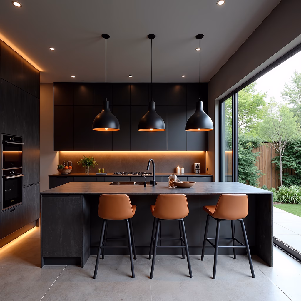Modern kitchen with black cabinets, warm lighting, and orange bar stools.