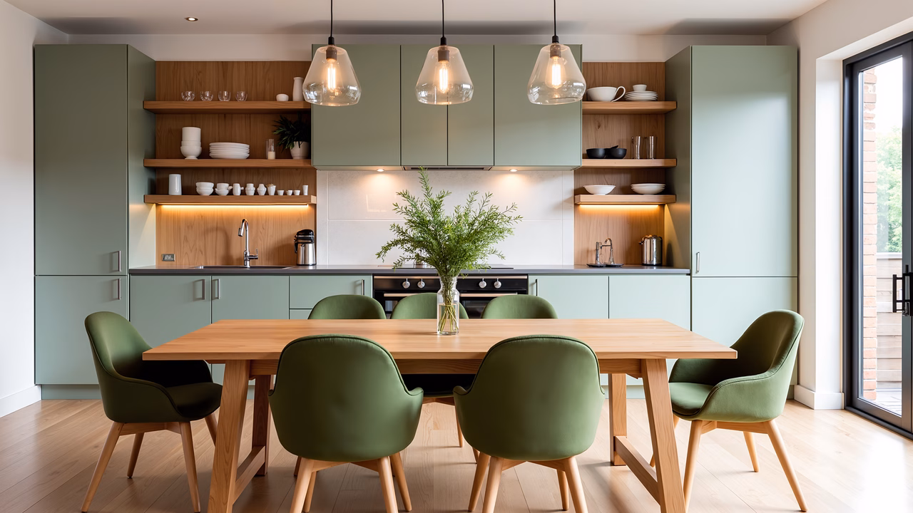Modern kitchen interior with green cabinetry and wooden accents, creating a serene and functional space.