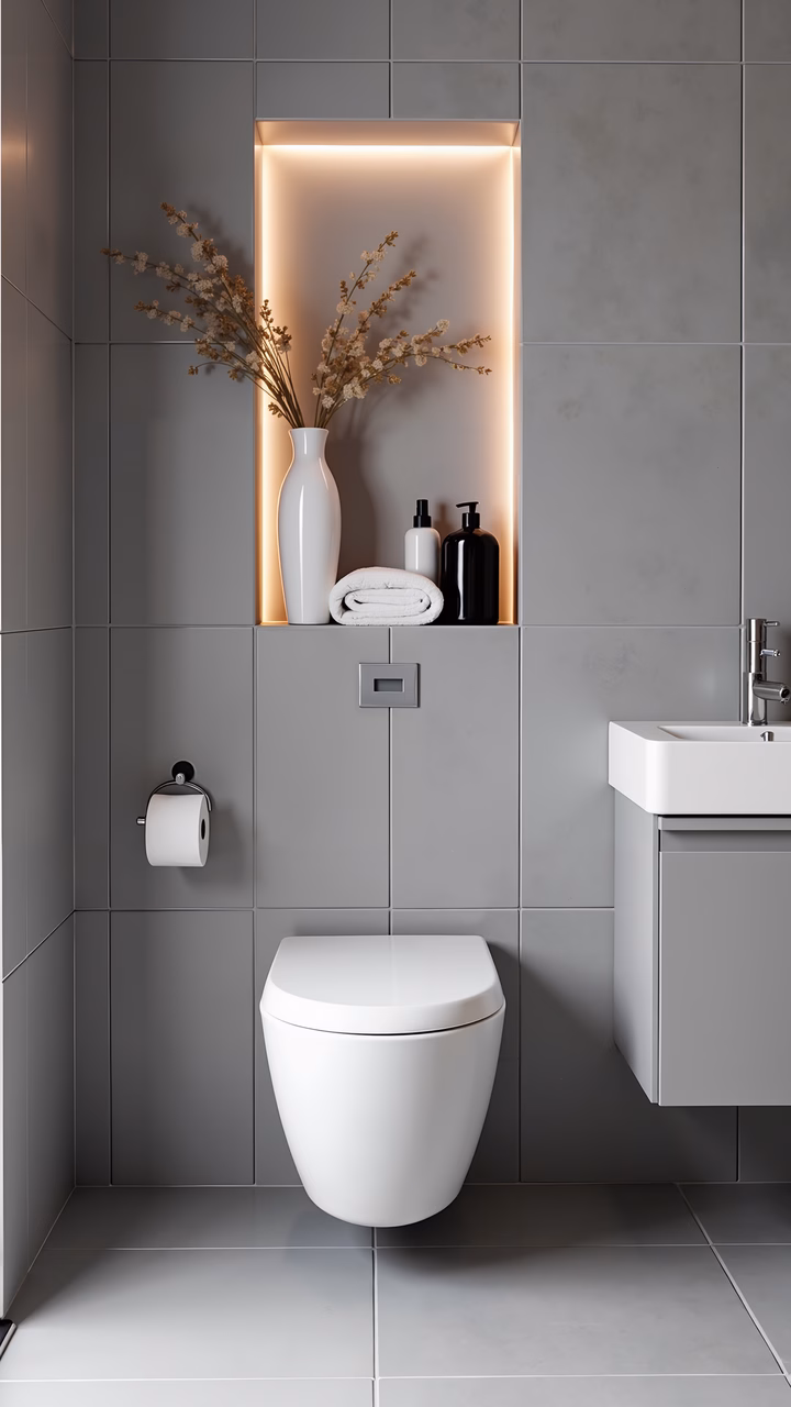 Sleek white fixtures in a minimalist gray bathroom with a touch of natural elegance.