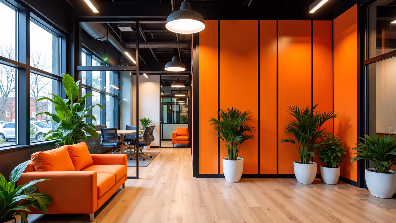 Bright, modern office space with bold orange accents and natural wood flooring.