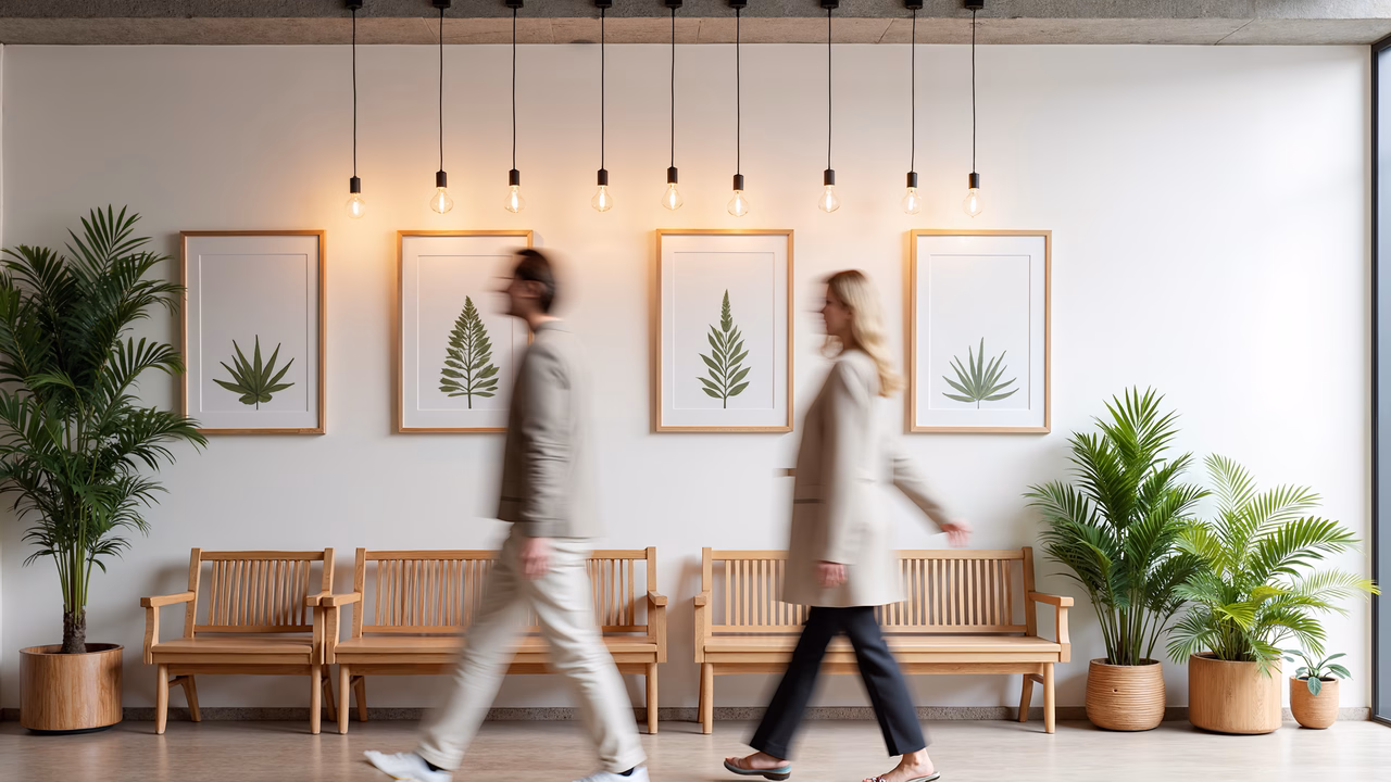 Modern office waiting area with botanical prints and natural wood accents.