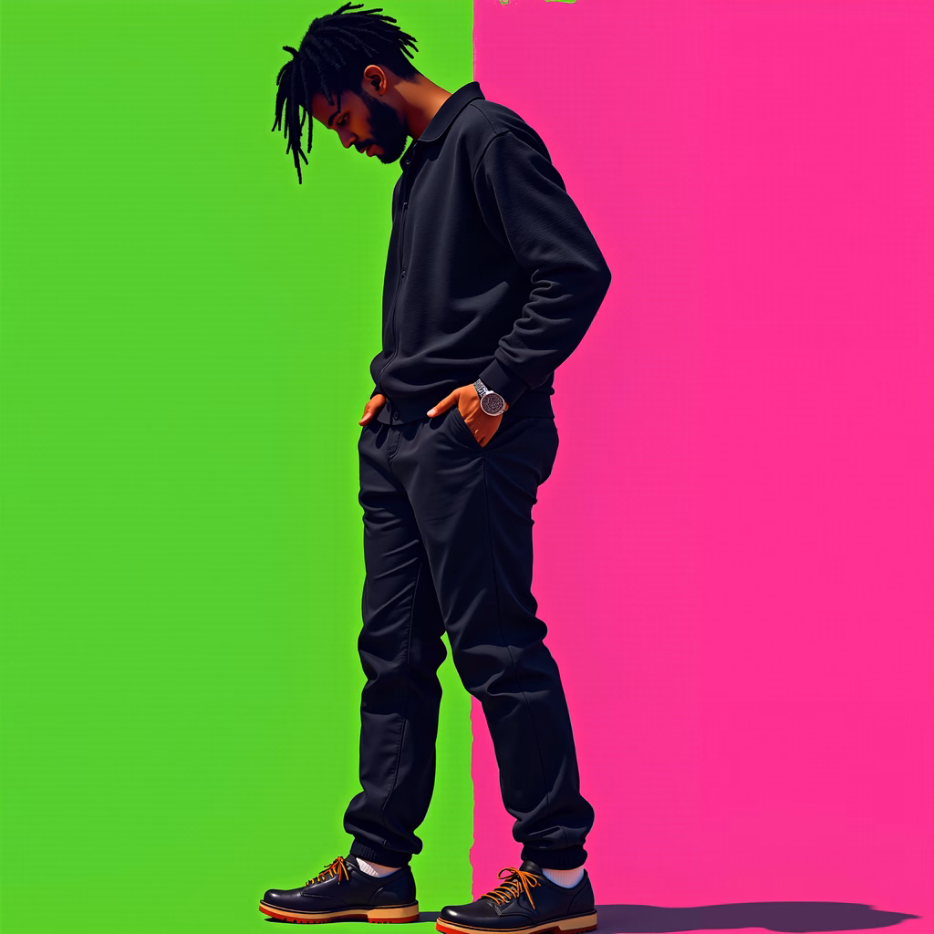 Minimalist fashion illustration with black attire against neon green and pink backdrop.