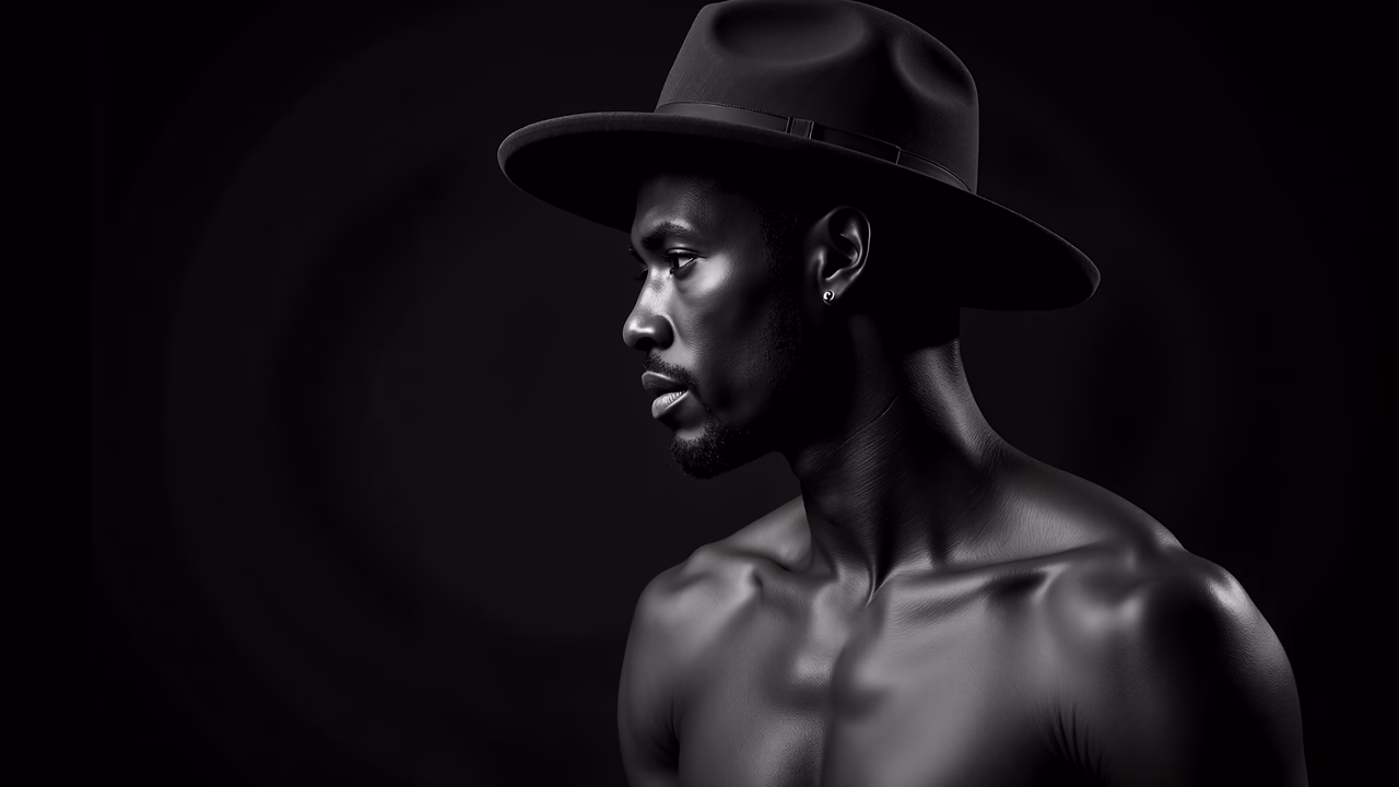 A monochrome portrait of a man in a hat, exuding mystery and contemplation.