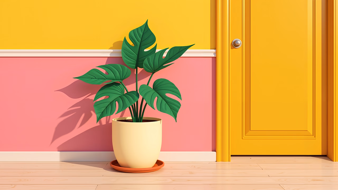 A Monstera plant in a bright indoor setting with a two-tone wall and a closed door.