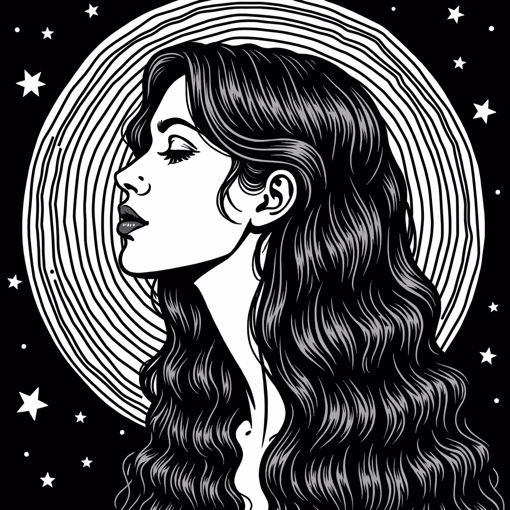 A peaceful night scene featuring a woman and a swirling moon, surrounded by stars.