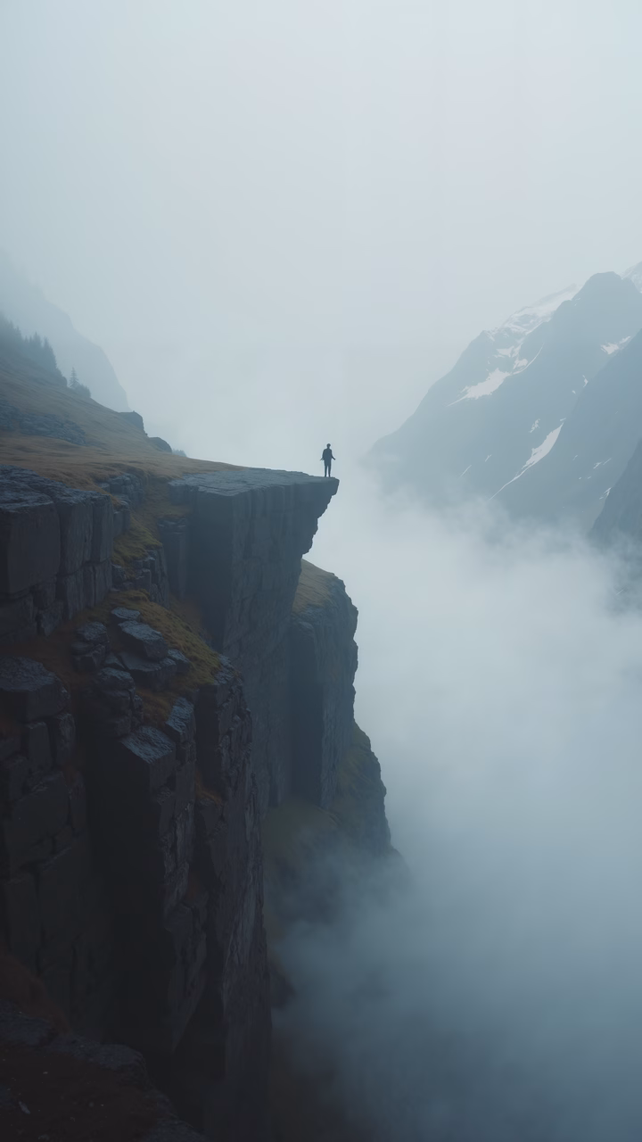 Lonely figure on mountain cliff edge amidst misty mountains.