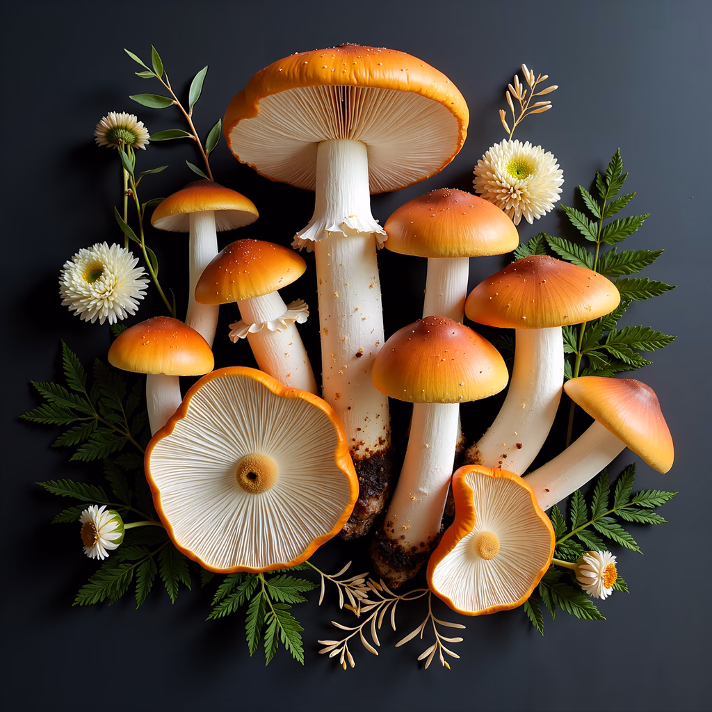 A stunning photo of mushrooms and flowers against a dark backdrop, showcasing nature's intricate beauty.