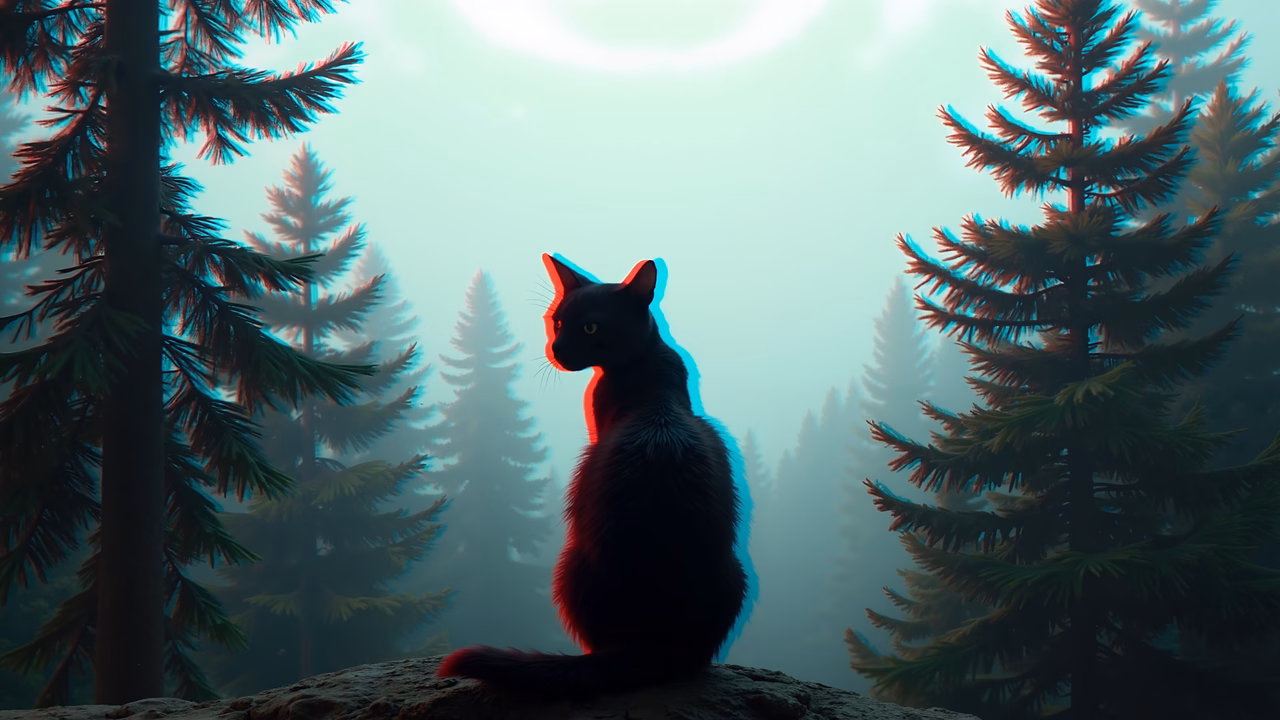 Mystical cat in a neon-lit forest