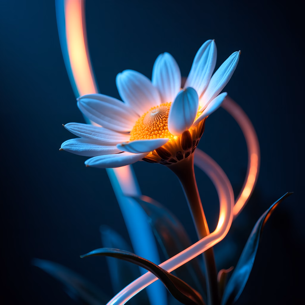 A neon-lit daisy with a dark blue background, blending natural beauty with futuristic design.