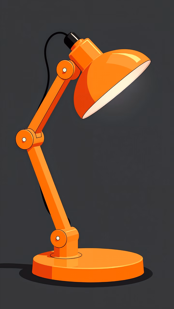 Vibrant orange desk lamp with a sleek design and contrasting white shade on a dark background.