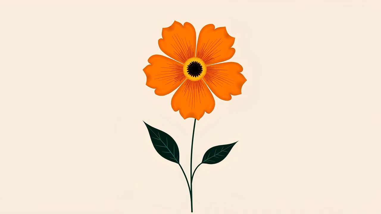 A minimalist illustration of a bright orange flower with a dark center on a neutral background.