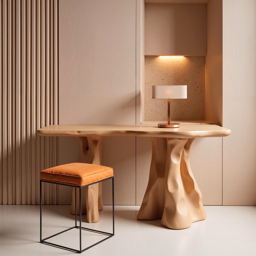 Modern wooden table with organic legs and minimal stool, warm beige tones, contemporary design, serene atmosphere.