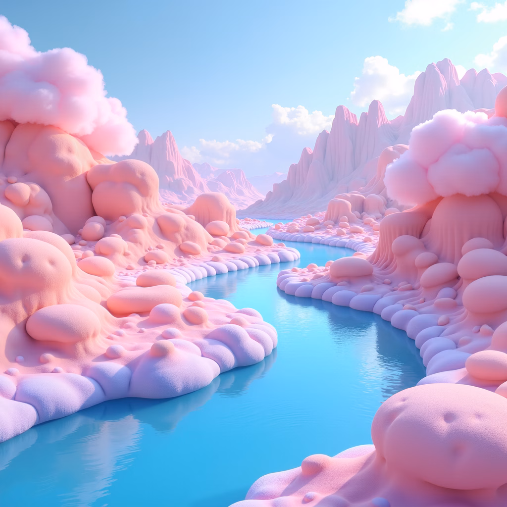A serene, pastel-colored fantasy landscape with a winding river and fluffy clouds.