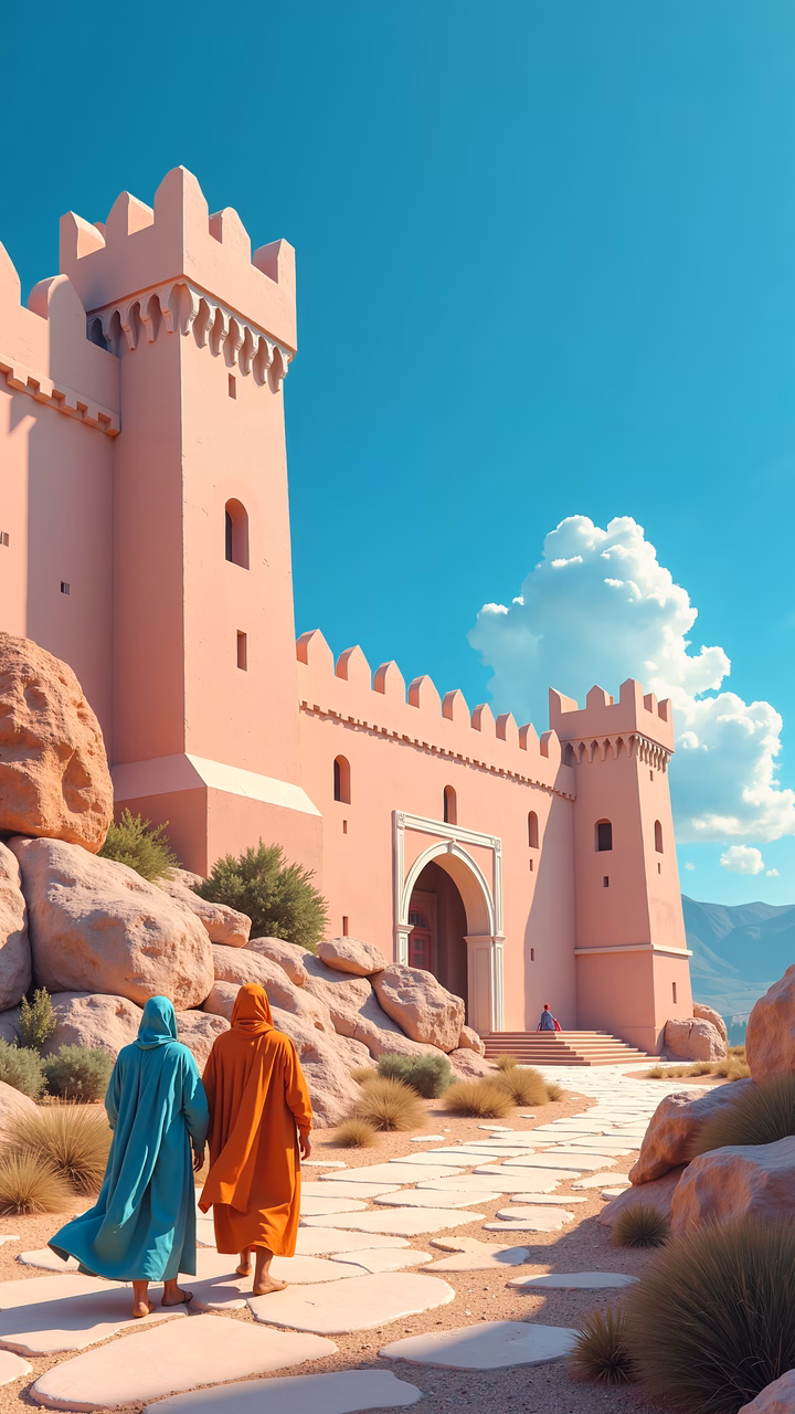 A tranquil journey towards a pink castle under a sunny sky.
